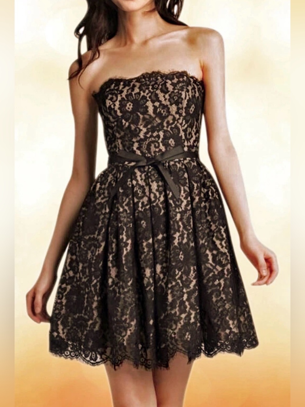 Neiman Marcus Black Strapless Lace Fit-and-Flare Mini Dress with Ribbon Waist